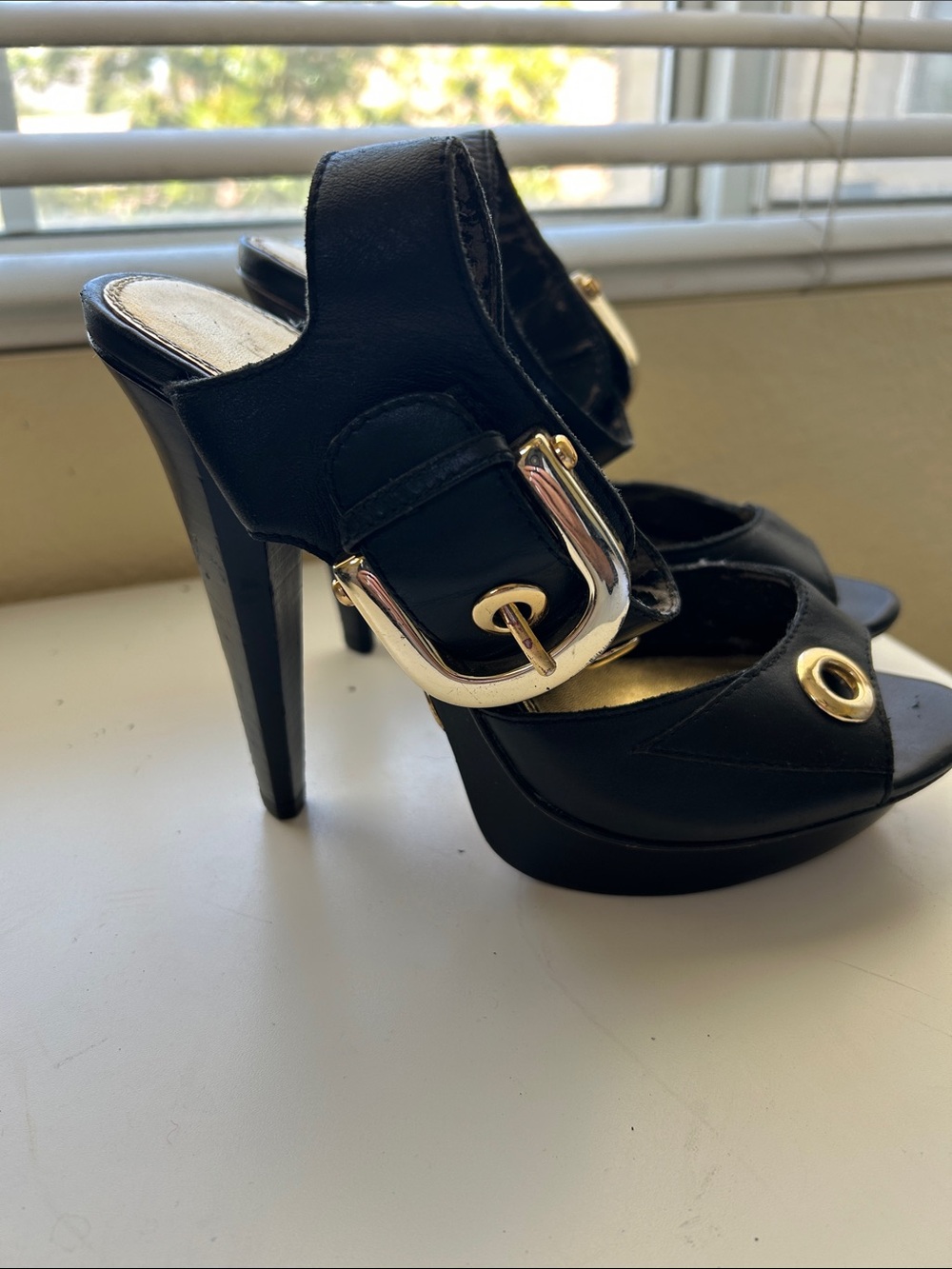 bebe Black Platform High Heel Sandals with Gold Buckle
